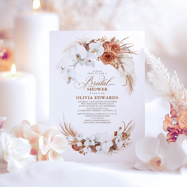 Convites Terracotta White Flowers Boho Chic Chá de panela (Boho Terracotta Bridal Shower Invitations)