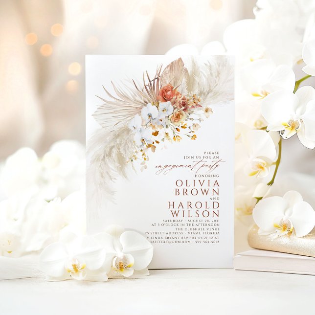 Convites Terracotta White Flowers Boho Festa de noivado (White Orchids Terracotta Engagement Party Invitations)