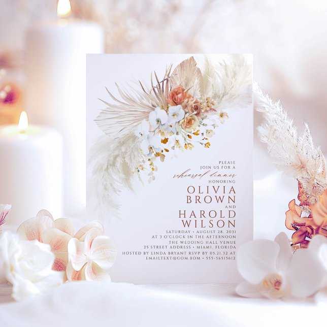 Convites Terracotta White Flowers Janto de Ensaio de Boho (Terracotta Floral Boho Rehearsal Dinner Invitations)