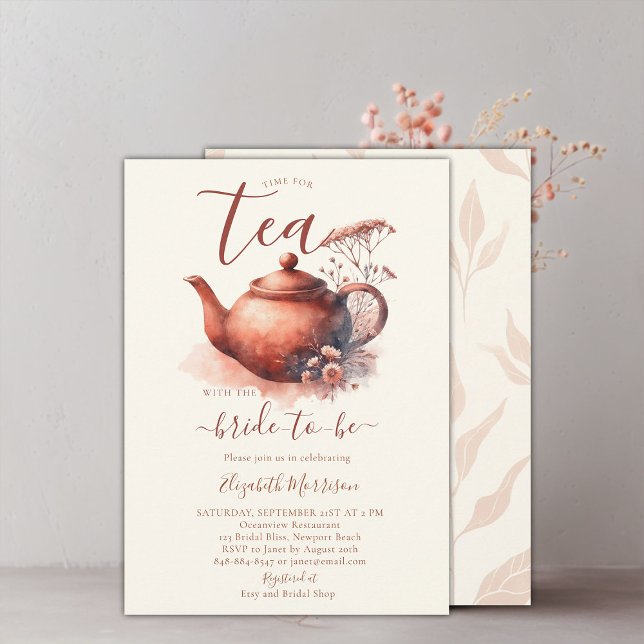 Convites Terracotta Wildflower Art Pote Bridal Chá Chá (terracotta floral bridal shower tea invitation wildflowers watercolor elegant modern simple boho)