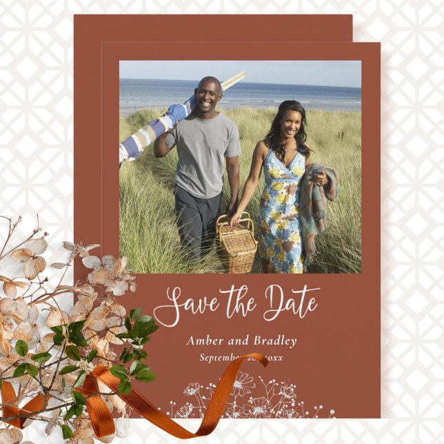 Convites Terracotta Wildflower Foto Simples Código QR Casam (Criador carregado)