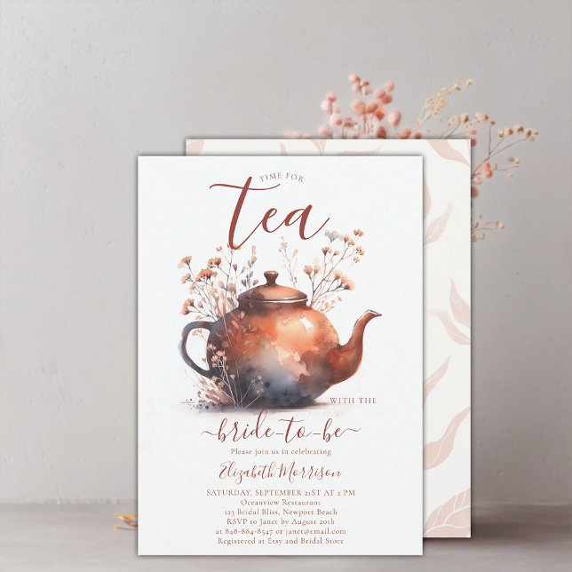 Convites Terracotta Wildflower Russo Bridal Tea Chá (terracotta floral bridal shower tea invitation wildflowers watercolor elegant modern simple rustic)