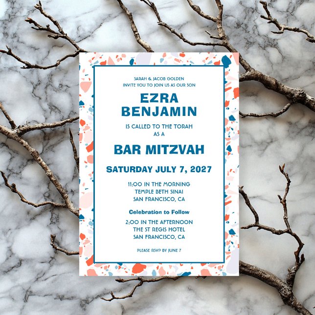 Convites Terrazzo Hand Desenhou Bar Personalizado Bat Mitzv (Terrazzo Hand Drawn Custom Bar Bat Mitzvah Invitation
)