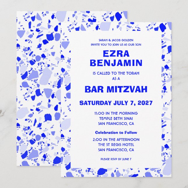 Convites Terrazzo Hand Desenhou Bar Personalizado Bat Mitzv (Frente/Verso)