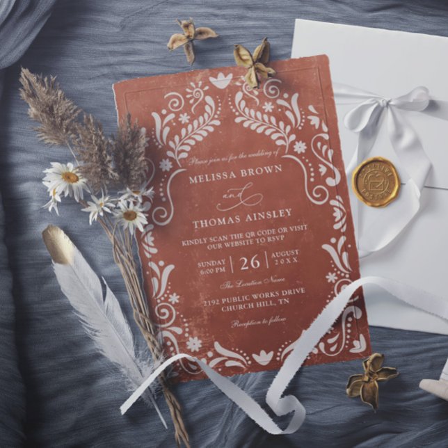 Convites Terrocotta Papel Picado Budget QR Code Wedding (Criador carregado)