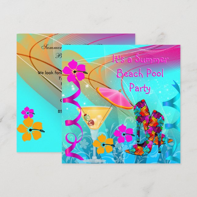 Convites Teto Rosa Quente de Verão do Partido da Piscina de (Frente/Verso)
