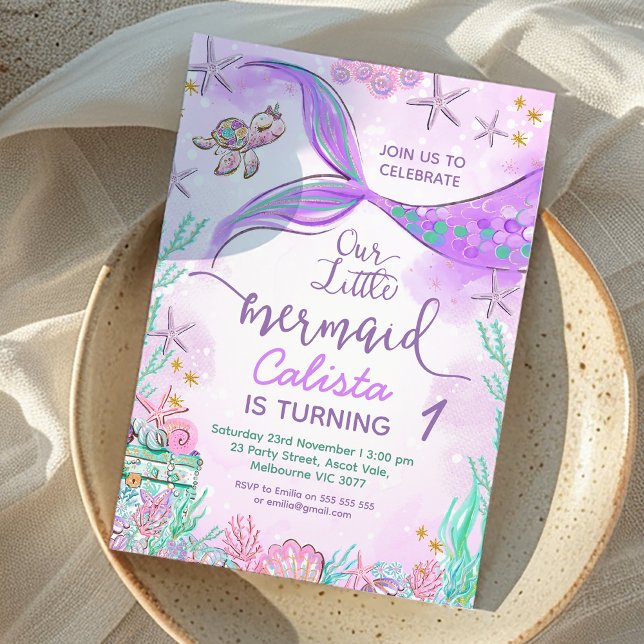 Convites Teto Roxo Nosso Pequeno primeiro aniversario De Se (Purple Teal Our Little Mermaid 1st Birthday Invitation, Instant Under the Sea Mermaid Birthday Party)