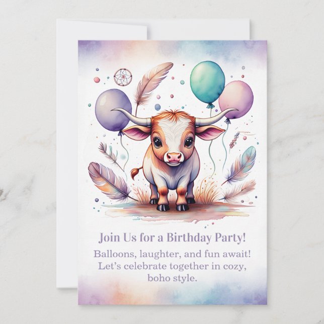 Convites Texas Long Calf Birthday Invitation Pastel Boho  (Frente)