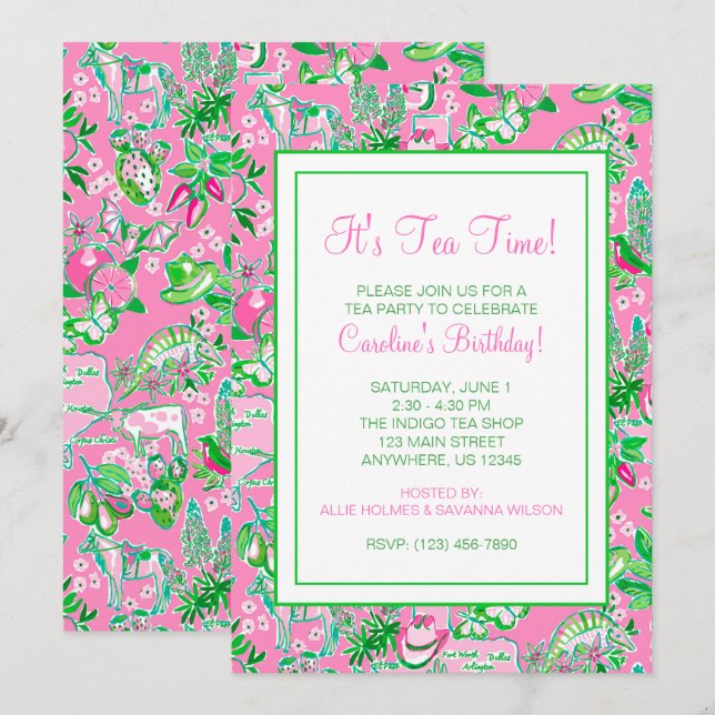 Convites Texas Map Pink & Green Preppy Party (Partido de Pa (Frente/Verso)