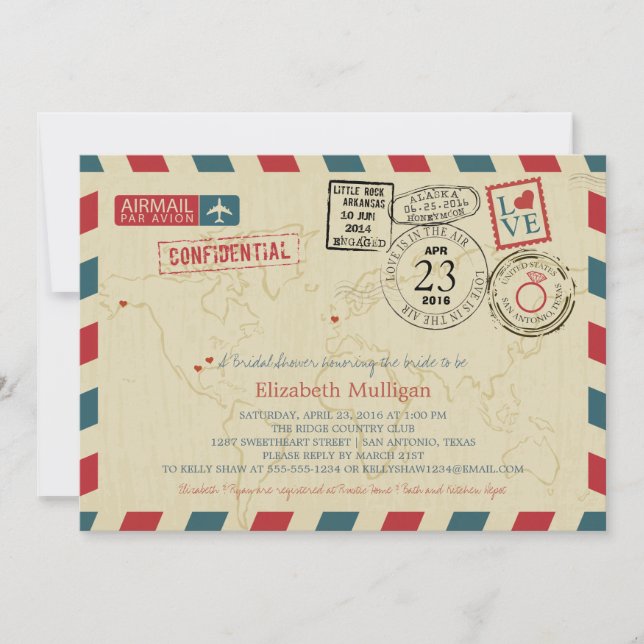 Convites TEXAS World Traveler Airmail | Chá de panela (Frente)