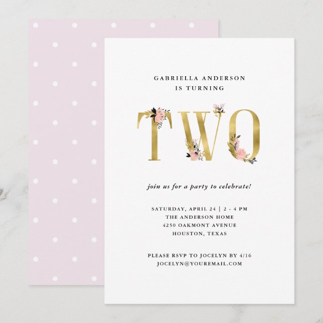 Convites Texto Bonito e Dourado| Segunda Festa de aniversár (Frente/Verso)