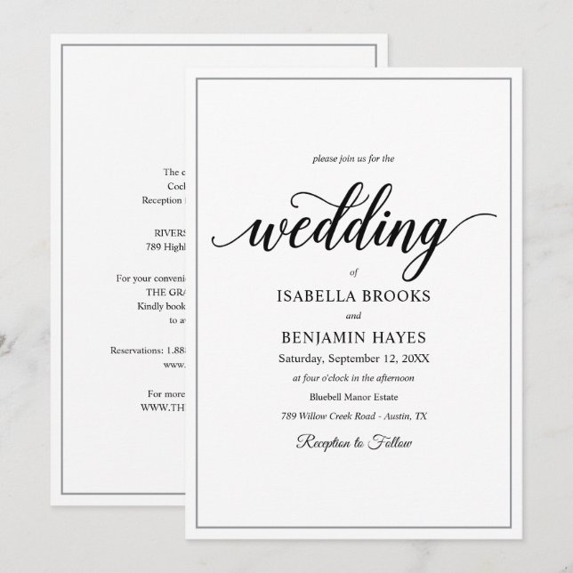 Convites Texto Clássico Preto e Negrito Branco Casamento Mi (Frente/Verso)