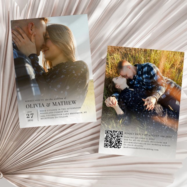 Convites Texto Clássico Simples 2 Foto Código QR Casamento (Criador carregado)