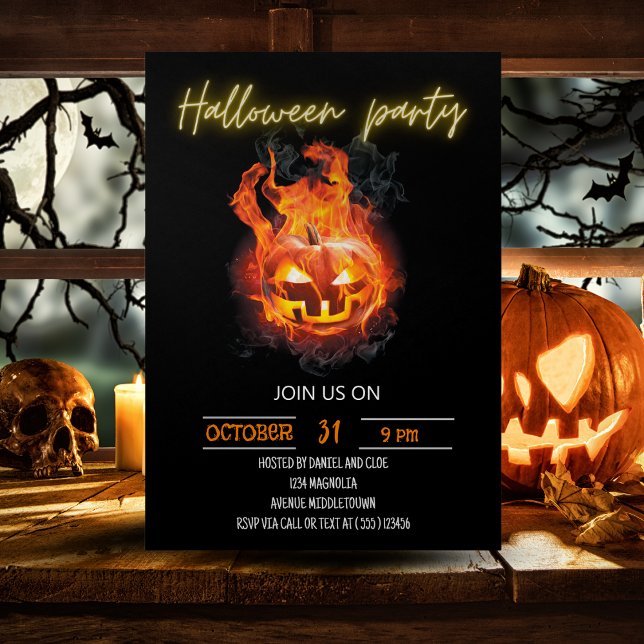 Convites Texto de Neon Editável para Bompkin do Halloween (Halloween Pumpkin Flaming Editable Neon Text Invitation)