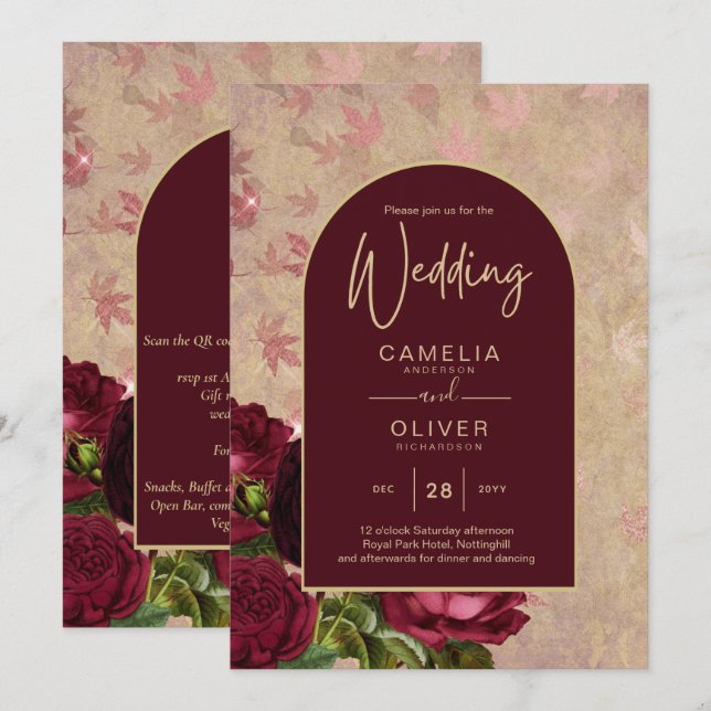 Convites Texto Dourado de Casamento de Rosas vermelhas Botâ (Frente/Verso)