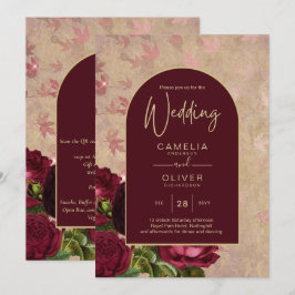 Convites Texto Dourado de Casamento de Rosas vermelhas Botâ