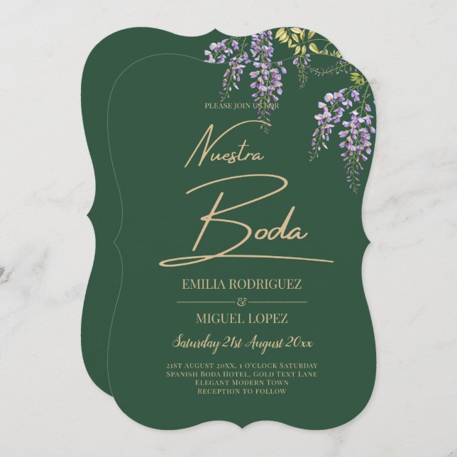 Convites Texto Dourado WISTERIA em espanhol Texto Verde BOD (Frente/Verso)