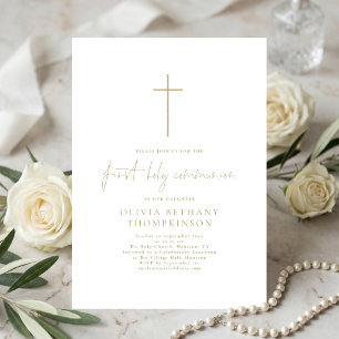 Convites Texto Elegante em Dourado Cruz Primeira Comunhão