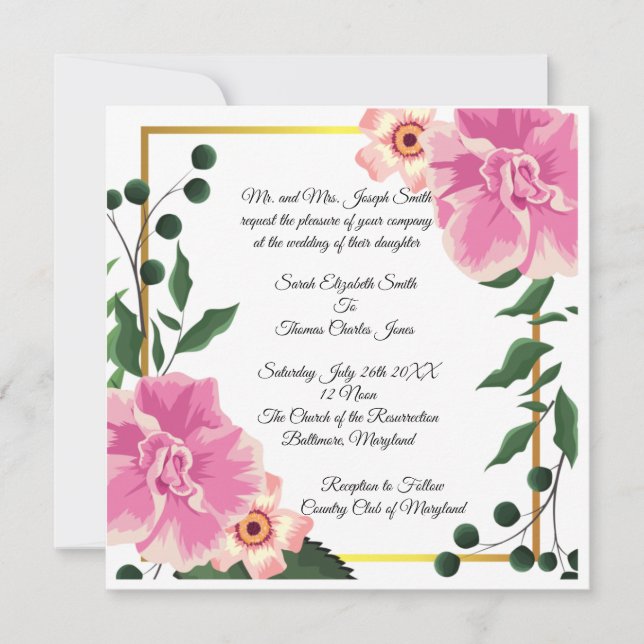 Convites Texto Formal Rosa e Verde Floral Casamento (Frente)