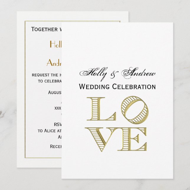 Convites Texto Gráfico do AMOR - Faux Dourado (Frente/Verso)