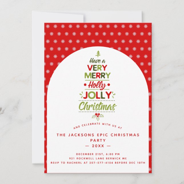 Convites Texto Personalizado da Árvore de Natal Holly Jolly (Frente)