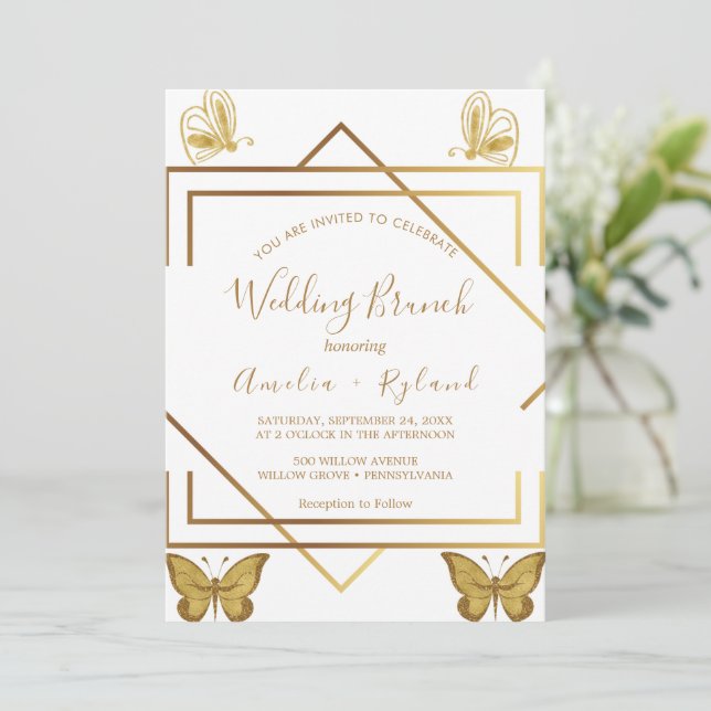 Convites Texto Personalizado Dourado Borboleta Brunch (Em pé/Frente)