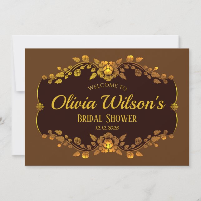 Convites Texto Personalizado Marrom e Dourado Chuveiro de N (Frente)