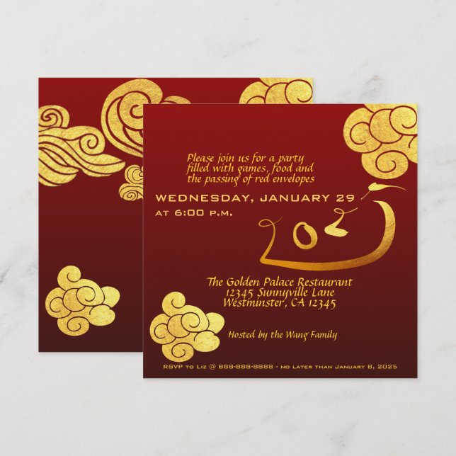 Convites Textos Sobre Nuvens Douradas de Cobra de 2025, Ano (Frente/Verso)