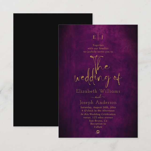 Convites  Textura Elegante Moderna Roxo e Casamento Dourado (Frente/Verso)