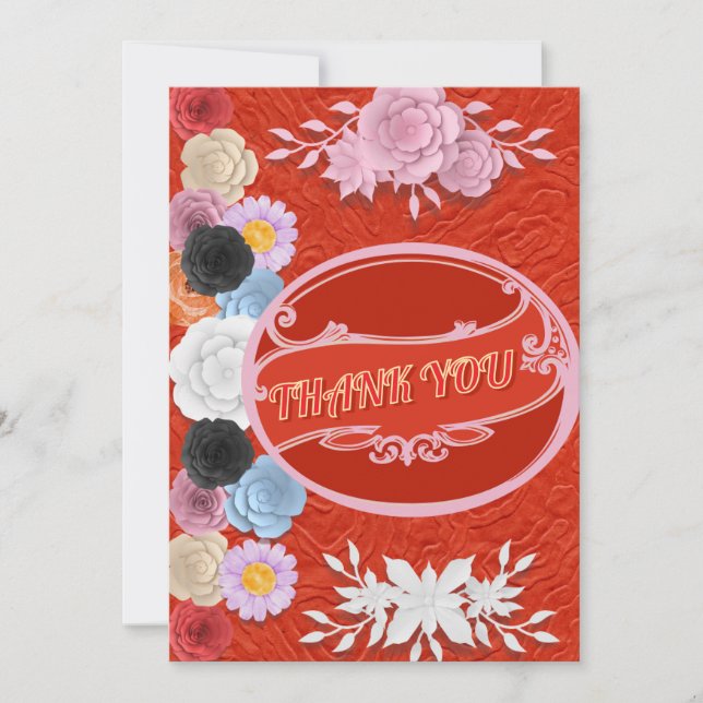 Convites Textura Floral Vermelha Obrigado Casamento (Frente)