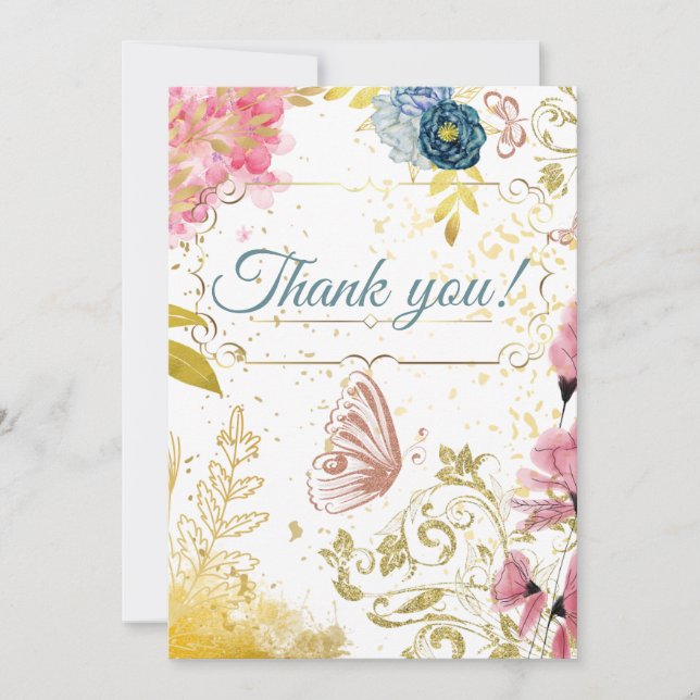 Convites Thank you, rose gold floral  (Frente)