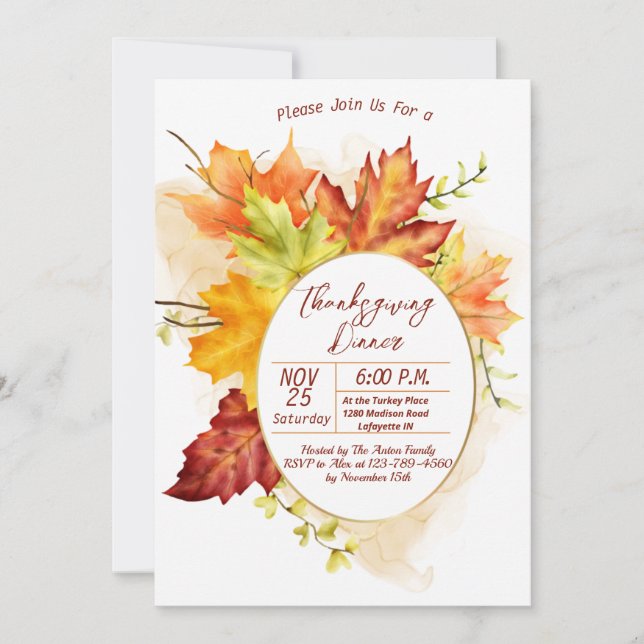 Convites Thanksgiving Fall Leaves Dinner Invitation (Frente)