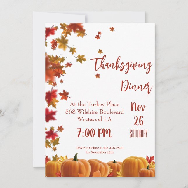 Convites Thanksgiving Fall Leaves Pumpkin Dinner Invitation (Frente)