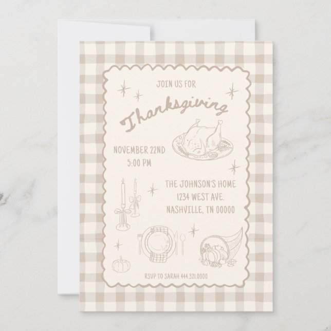 Convites Thanksgiving Gingham Tan Neutral Aesthetic (Frente)