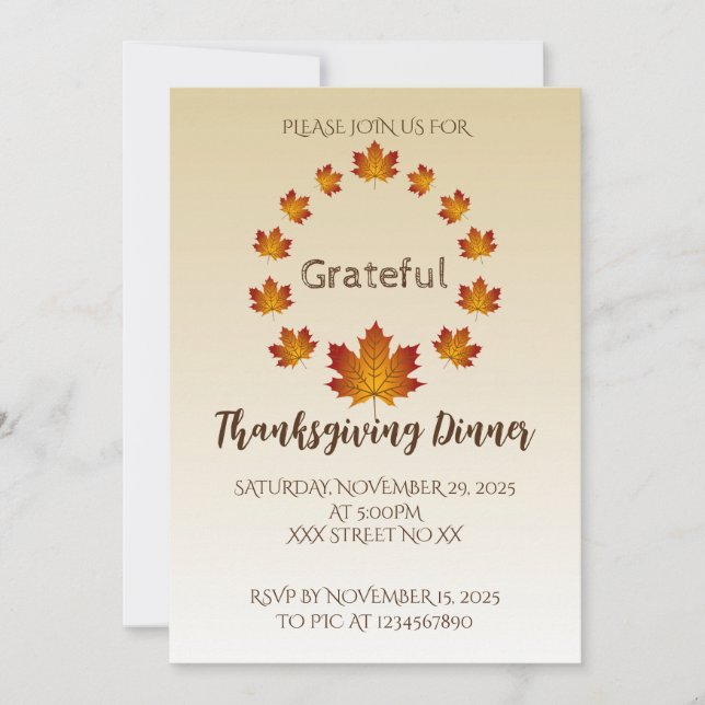 Convites Thanksgiving Wreath Grateful Simple Maple Leaves (Frente)
