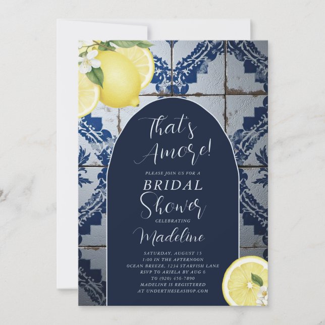 Convites That's Amore Blue Tile Lemon Bridal Shower (Frente)
