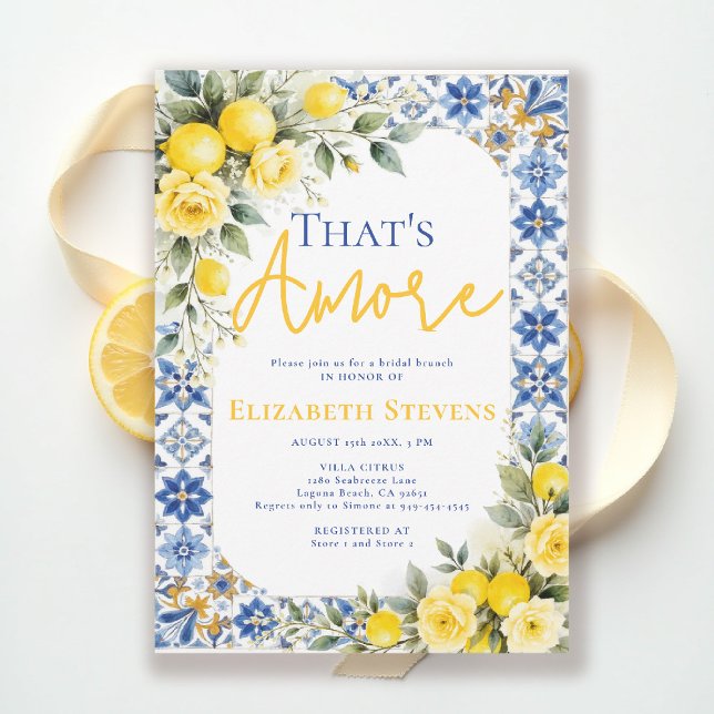 Convites That's Amore Bridal Shower Lemon and Blue Floral (thats amore bridal shower theme lemon and blue italian summer invitation floral yellow roses)