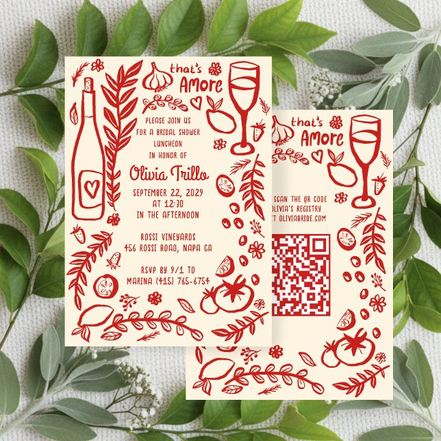 Convites That's Amore Italian Food CUSTOM Bridal Shower QR  (That's Amore Hand-drawn Doodle Italian Food CUSTOM QR code Bridal Shower Party Invitation
)