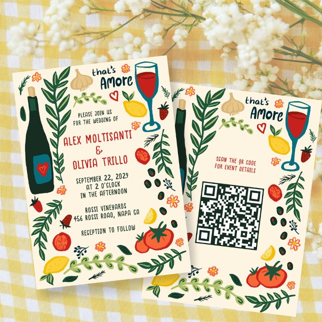 Convites That's Amore Italian Food CUSTOM QR Wedding Party  (That's Amore Italian Food CUSTOM QR Hand-drawn Charming Wedding Party Invitation
)