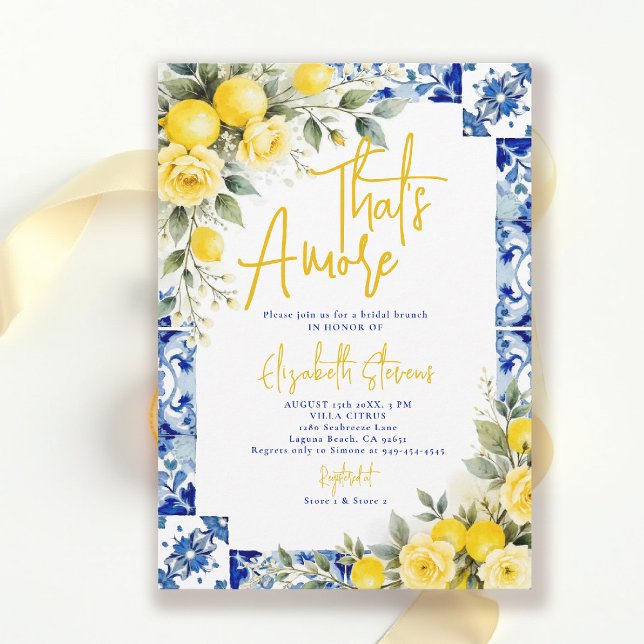 Convites That's Amore Lemon and Blue Floral Bridal Shower  (thats amore bridal shower theme lemon and blue italian summer invitation yellow roses floral)