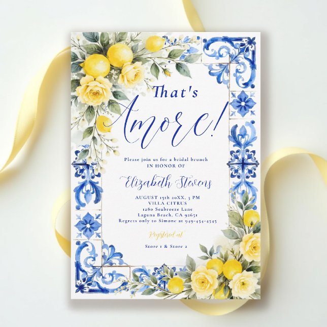 Convites That's Amore Lemon Blue Tile Floral Bridal Shower  (thats amore bridal shower theme lemon blue tile frame italian summer invitation yellow roses floral)