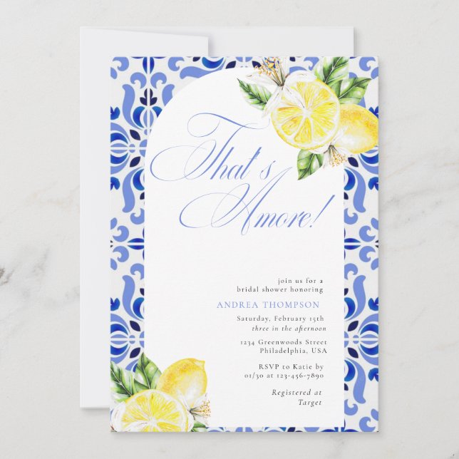 Convites That's Amore Lemon Italian Blue Tile Bridal Shower (Frente)