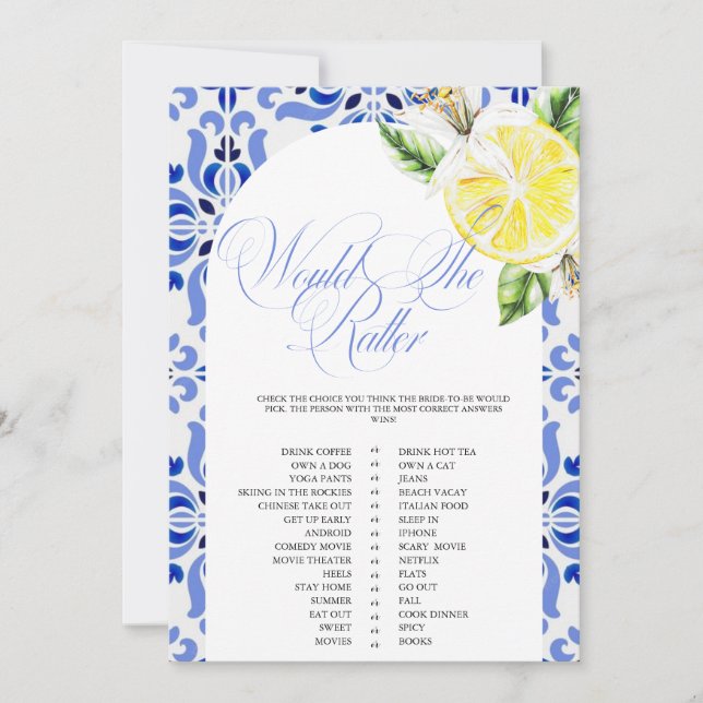 Convites That's Amore Lemon Italian Blue Tile Bridal Shower (Frente)