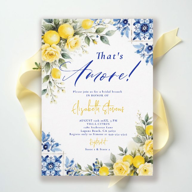Convites That's Amore Rosas de Moldura Azul Limão Chá de Be (thats amore bridal shower theme lemon blue tile italian summer invitation yellow roses floral)