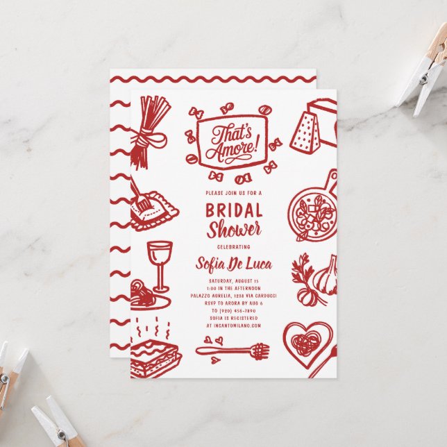 Convites That's Amore Whimsical Pasta Bridal Shower (Frente/Verso In Situ)