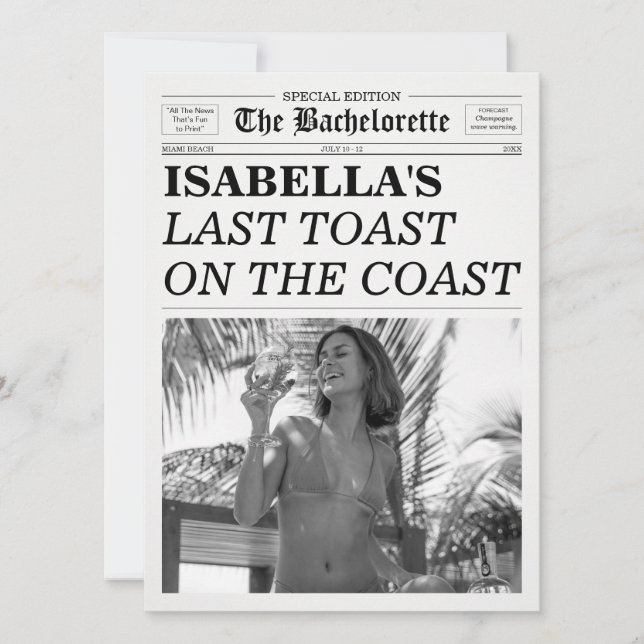 Convites The Bachelorette Newspaper Last Toast On The Coast (Frente)