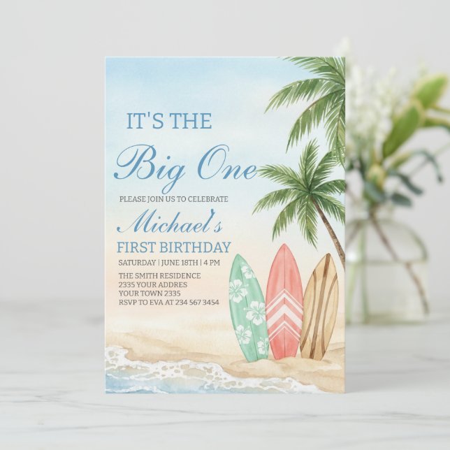 Convites The Big One Beach Surf 1st Birthday (Em pé/Frente)