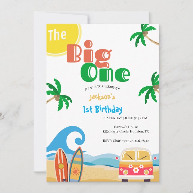 Convites The Big One Beach Surf 1st Birthday  (Frente)
