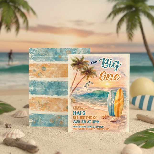 Convites The Big One Retro Surf Beach Birthday  (Criador carregado)