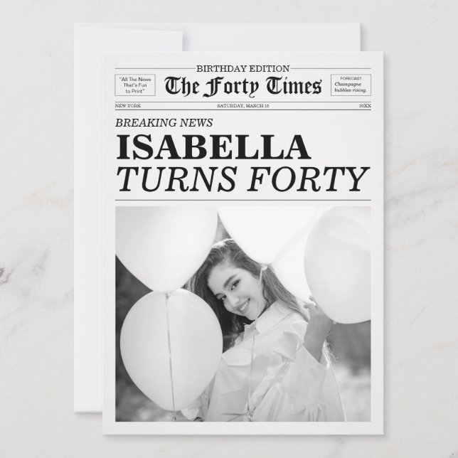 Convites The Forty Times Newspaper 40th Birthday Party (Frente)